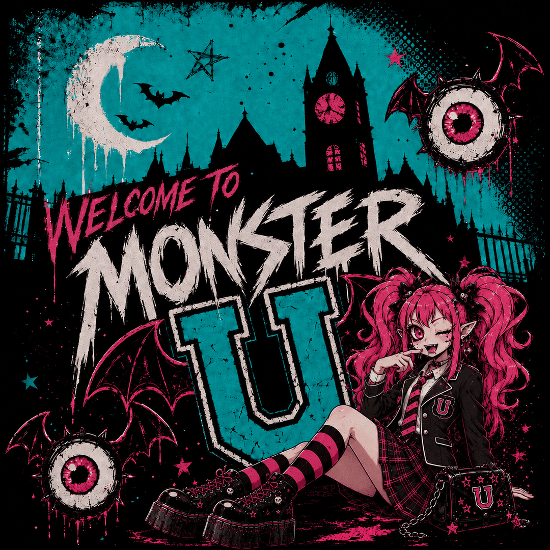 Welcome to Monster U album cover — a pink-haired monster student outside the campus clock tower