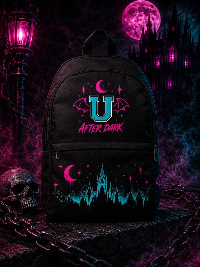 Black backpack printed with the winged U and a castle skyline