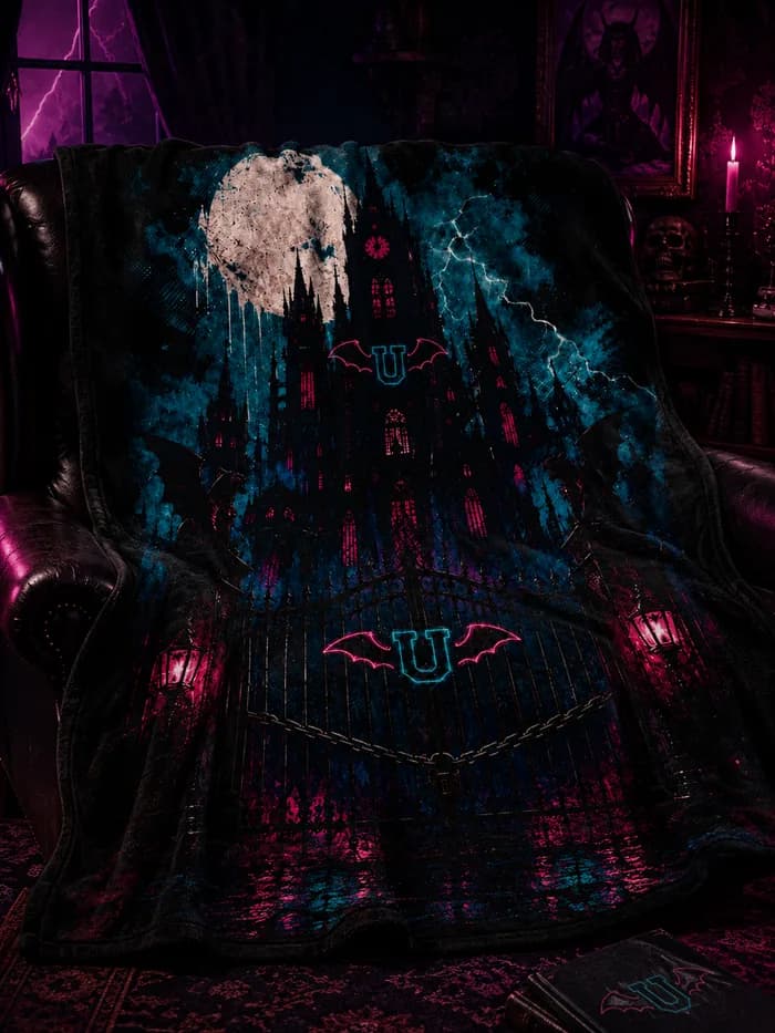 Fleece blanket printed with the Monster U castle and gates