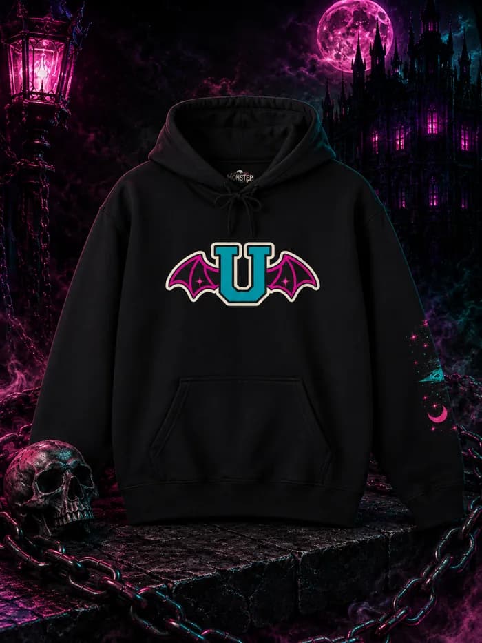 Black hoodie with the teal winged U mark across the chest