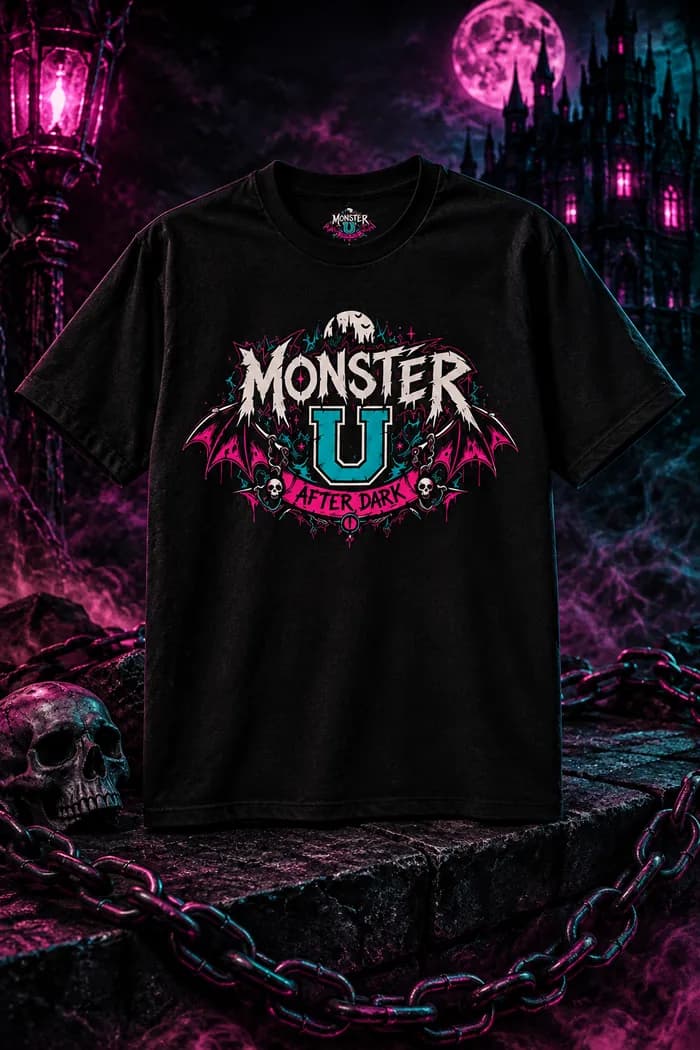 Black t-shirt printed with the Monster U After Dark crest