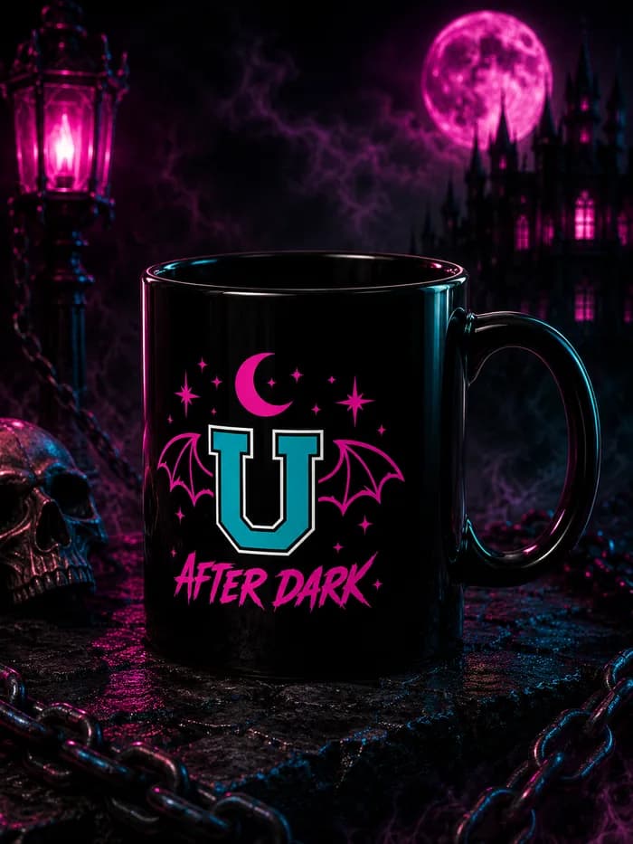 Black mug printed with the winged U and After Dark wordmark