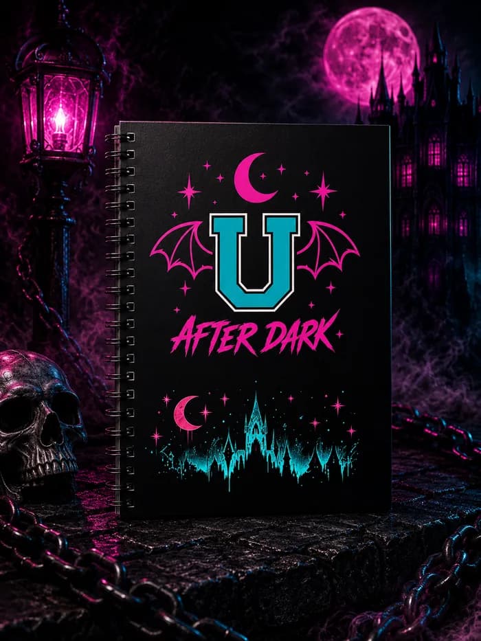 Spiral notebook with the winged U and After Dark wordmark