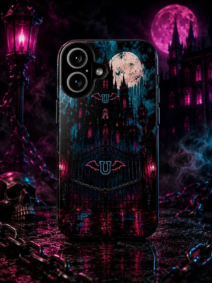 Phone case printed with the chained Monster U castle gates at night