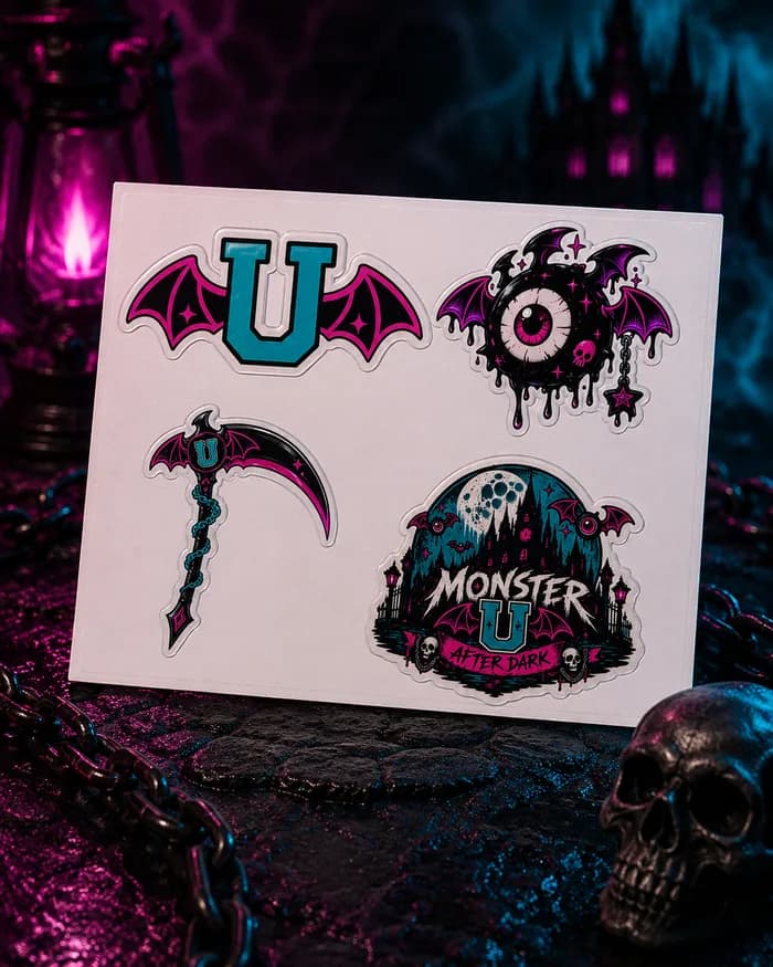 Sticker sheet with the winged U, Occuli eye, scythe and crest
